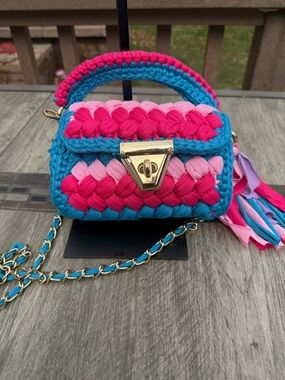 EUC Handmade Braided Mini Crossbody Bag in Blue, Hot Pink & Light Pink